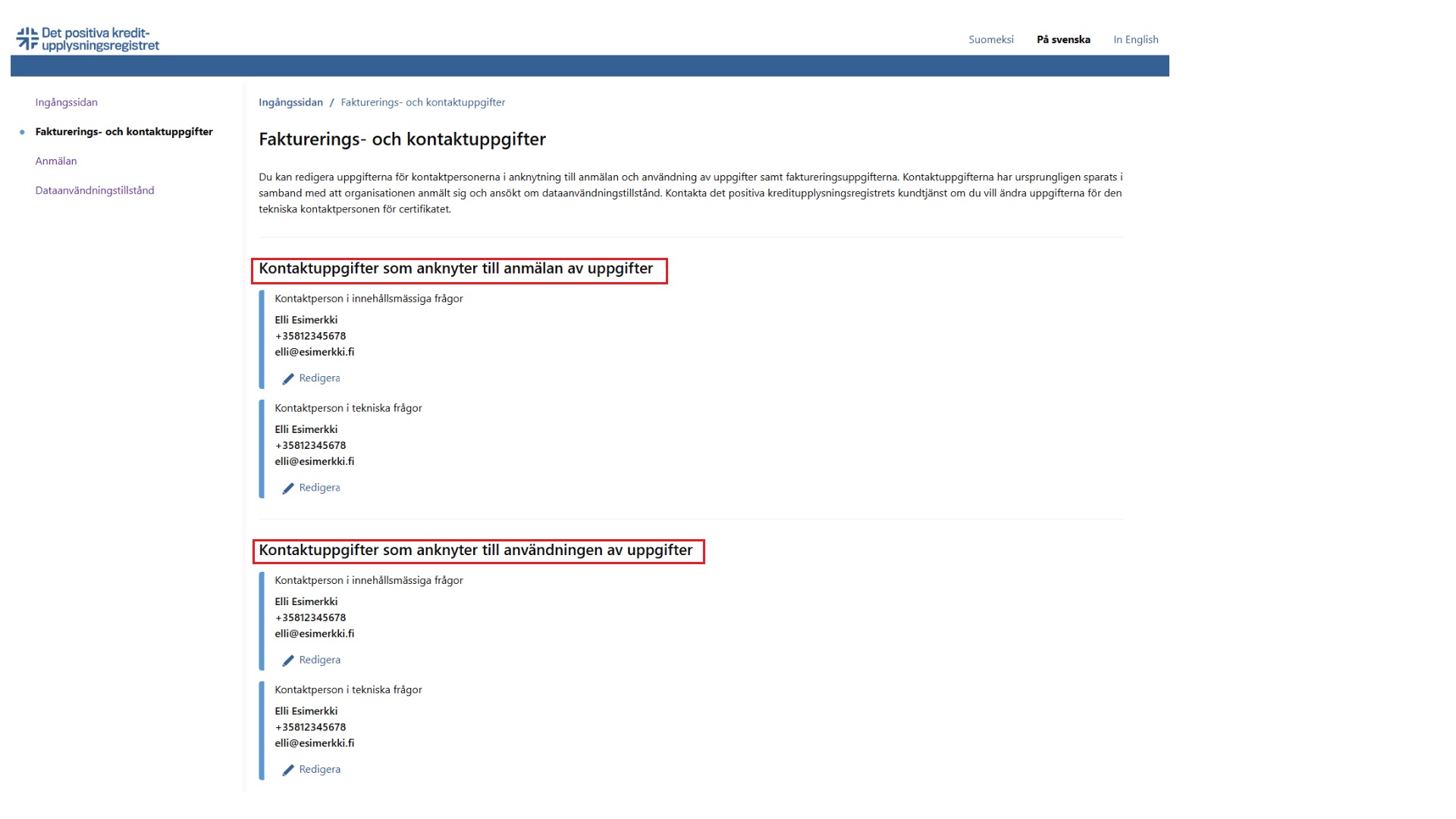 Uppdatering av kontaktuppgifterna på sidan Fakturerings- och kontaktuppgifter