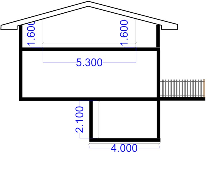 Kuvassa 1 ja 2 on harjakattoisen rakennuksen alkeellinen pohjapiirustus, jossa kuvataan rakennusta ylhäältä ja päätysivusta päin. Ylhäältä päin katsottuna rakennuksen pitkän sivun pituus on 12,5 metriä ja lyhyen sivun pituus 8,5 metriä ulkomitoin. Päätysivusta katsottuna näkyy, että rakennuksessa on kellari, maapinnan tasolla oleva 1. kerros ja kattoon rajoittuva 2. kerros. Kellarin korkeus on 2,1 metriä ja leveys 4 metriä. Toisen kerroksen korkeutta rajoittaa alaspäin laskeutuva harjakatto. Toisen kerroksen tila, jossa korkeus on 160 senttimetriä tai enemmän on 5,3 metriä leveä.