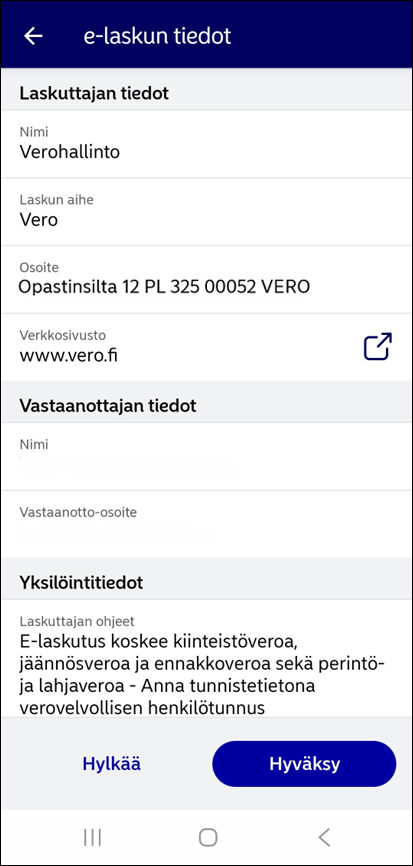 Nordean mobiilipankista otettu kuvakaappaus, jossa n&auml;kyy e-laskuehdotuksen tiedot. Tiedoissa n&auml;kyy, ett&auml; ehdotus on Verohallinnon l&auml;hett&auml;m&auml; ja siin&auml; kerrotaan my&ouml;s, mit&auml; veroja e-laskulla voi maksaa.