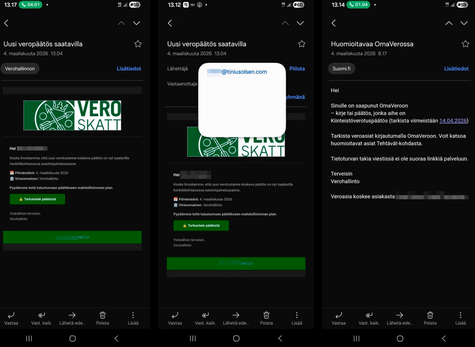 Kaksi huijausviestiä Uusi verotuspäätös saatavilla -otsikolla ja Verohallinnon logolla. Viesteissä linkkinä Tarkastele päätöstä. Oikeassa Suomi.fi viestissä otsikolla Huomioitavaa OmaVerossa ei ole suoraa linkkiä OmaVeroon.