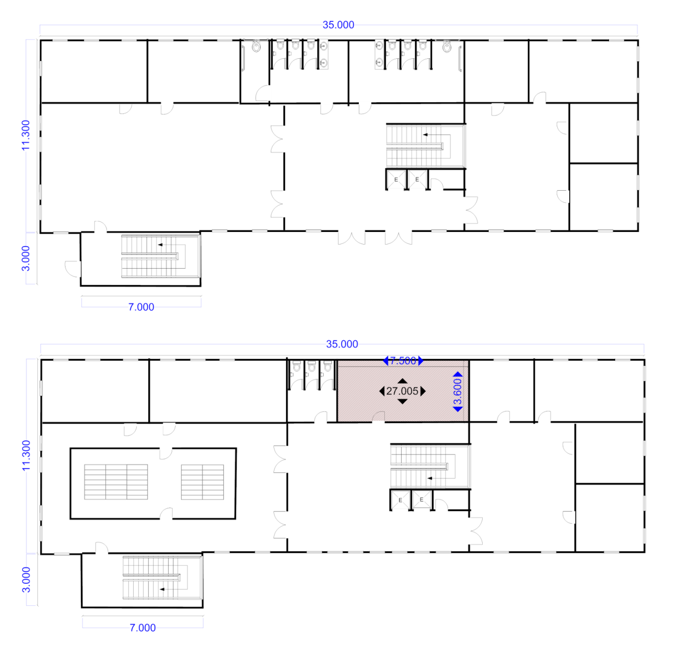 Bild 4 visar planritningarna f&ouml;r b&aring;da v&aring;ningarna i en kontorsbyggnad sett uppifr&aring;n. Byggnaden &auml;r annars rektangul&auml;r men den har en utstickande trappuppg&aring;ngsdel. Den rektangul&auml;ra delens yttre m&aring;tt &auml;r 35 meter g&aring;nger 11,3 meter. Trappuppg&aring;ngsdelens yttre m&aring;tt &auml;r 7 meter g&aring;nger 3 meter. I andra v&aring;ningen finns ett f&ouml;rr&aring;dsutrymme med brandavskiljning vars innerm&aring;tt &auml;r 7,5 meter g&aring;nger 3,6 meter.