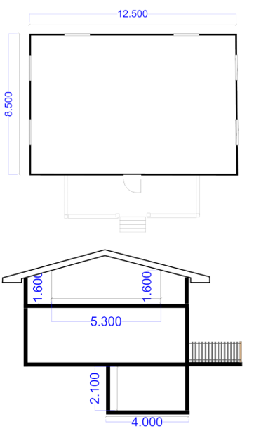 Kuvassa 1 on harjakattoisen rakennuksen alkeellinen pohjapiirustus, jossa kuvataan rakennusta ylh&auml;&auml;lt&auml; ja p&auml;&auml;tysivusta p&auml;in. Ylh&auml;&auml;lt&auml; p&auml;in katsottuna rakennuksen pitk&auml;n sivun pituus on 12,5 metri&auml; ja lyhyen sivun pituus 8,5 metri&auml; ulkomitoin. P&auml;&auml;tysivusta katsottuna n&auml;kyy, ett&auml; rakennuksessa on kellari, maapinnan tasolla oleva 1. kerros ja kattoon rajoittuva 2. kerros. Kellarin korkeus on 2,1 metri&auml; ja leveys 4 metri&auml;. Toisen kerroksen korkeutta rajoittaa alasp&auml;in laskeutuva harjakatto. Toisen kerroksen tila, jossa korkeus on 160 senttimetri&auml; tai enemm&auml;n on 5,3 metri&auml; leve&auml;.