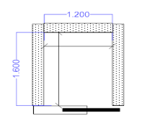 Kuva hissikuilun pinta-alasta. Kuilun syvyys x leveys sis&auml;mitoin x kerrosten lukum&auml;&auml;r&auml;, johon hissill&auml; p&auml;&auml;see.  1,60 m * 1,20 m x 2 = 3,84 m2  Esimerkkirakennuksessa kaksi samansuuruista hissi&auml;, jolloin hissikuilujen pinta-ala yhteens&auml; 7,68 m2.
