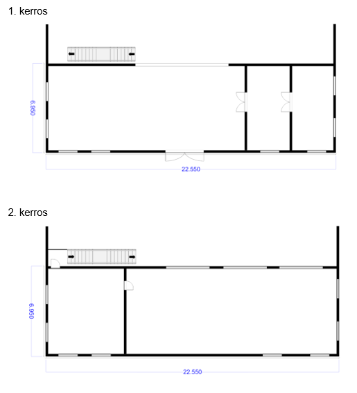 Kuvassa 7 on p&auml;&auml;tyosa teollisuusrakennuksen pohjapiirustuksesta ylh&auml;&auml;lt&auml;p&auml;in kuvattuna. Piirustuksista k&auml;y ilmi, ett&auml; rakennuksen p&auml;&auml;dyss&auml; on osa, jossa on huoneita kahdessa kerroksessa. T&auml;m&auml;n osan pituus ulkomitoin on 6,95 metri&auml; ja leveys rakennuksen leveys 22,55 metri&auml;. Muilta osin rakennus on yksikerroksinen.