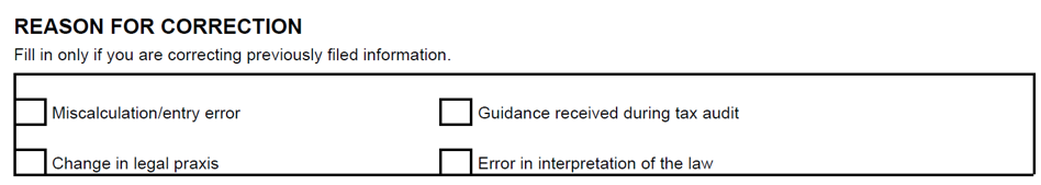 Screenshot of Reason for correction in the form