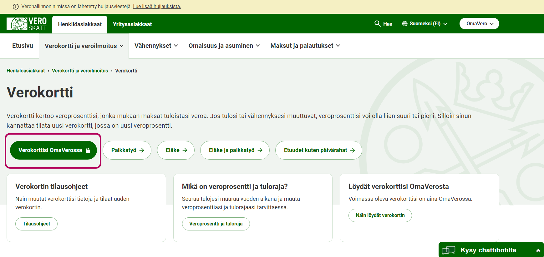 Vero.fi:n verokortti-sivu, josta korostettu painike Verokorttisi OmaVerossa.