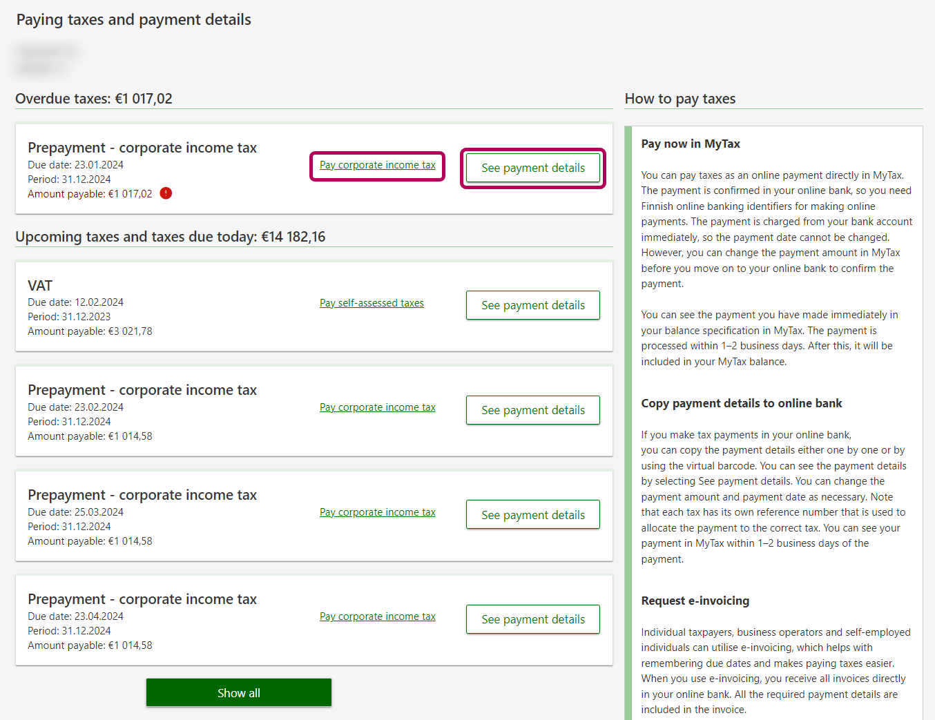 2.	On the Paying taxes and payment details page, you can check the payment details, pay taxes and make an e-invoice request.