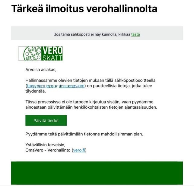 Verohallinnon logolla ja ilmeellä merkitty viesti, jossa pyydetään päivittämään henkilökohtaisten tietojen ajantasaisuus. Allekirjoittajana OmaVero - Verohallinto (vero.fi)
