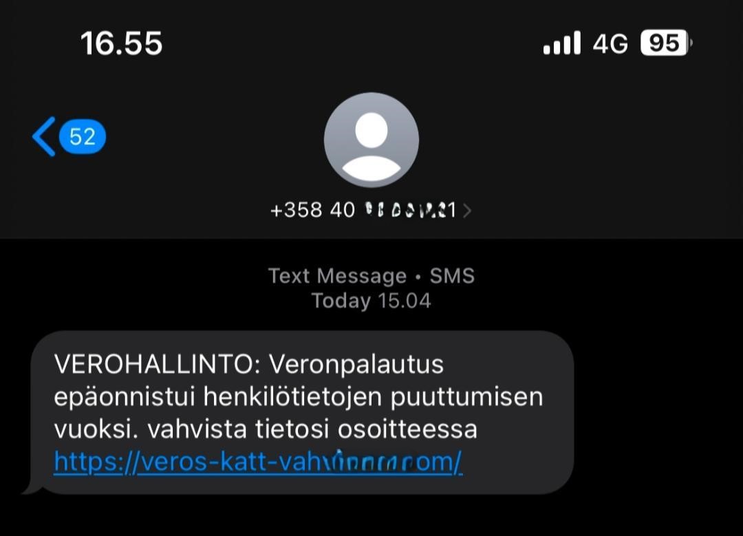 Tekstiviestihuijaus, missä teksti: VEROHALLINTO: Veronpalautus epäonnistui henkilötietojen puuttumisen vuoksi. vahvista tietosi osoitteessa https://veros-katt-vah...