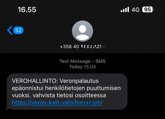 Ett falskt textmeddelande med denna text på finska: VEROHALLINTO: Veronpalautus epäonnistui henkilötietojen puuttumisen vuoksi. vahvista tietosi osoitteessa https://veros-katt-vah...
