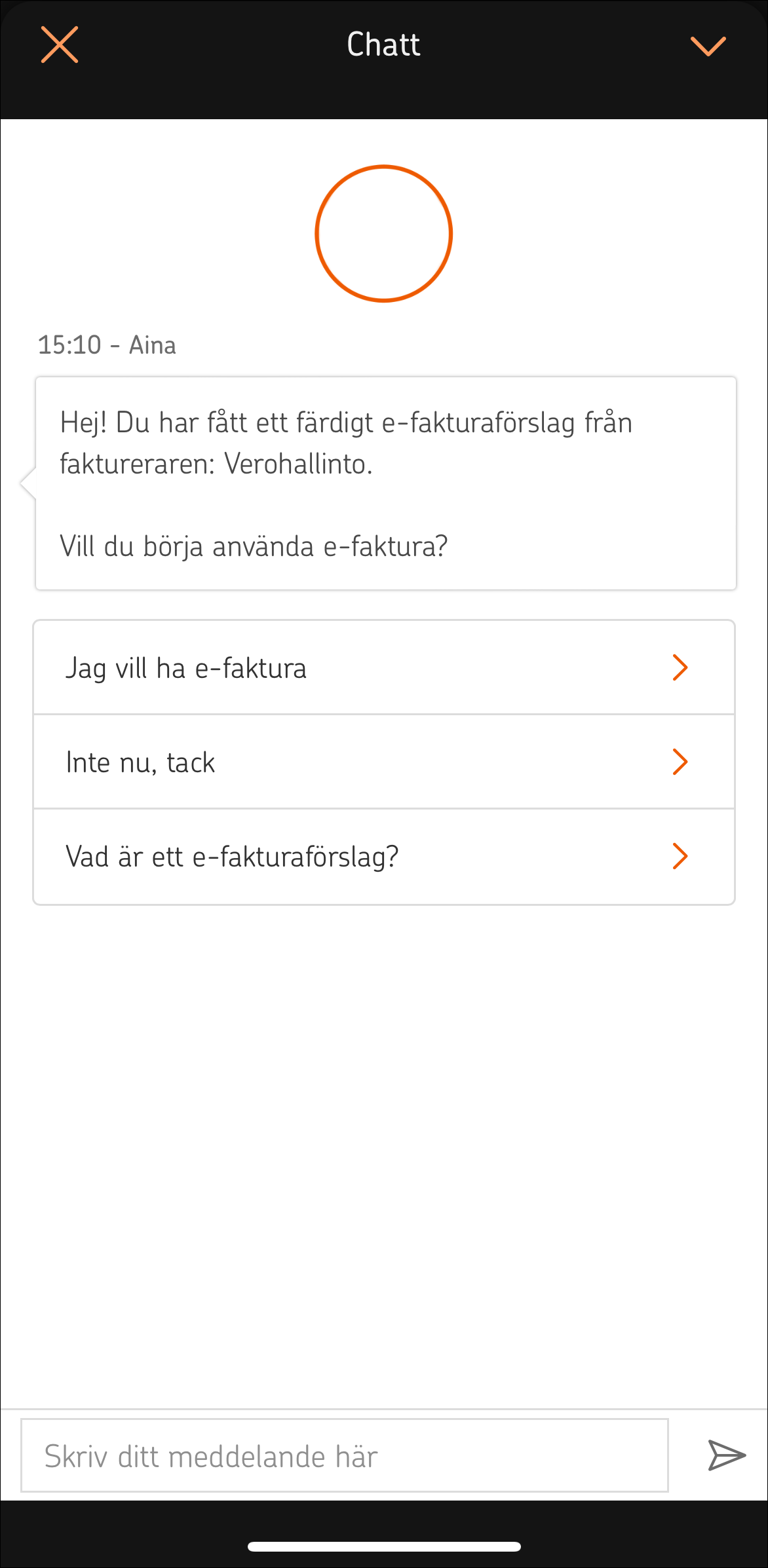 När kunden loggar in i OP-mobilen eller i tjänsten op.fi meddelar den personliga hjälpredan OP Aina om ett mottaget e-fakturaförslag.