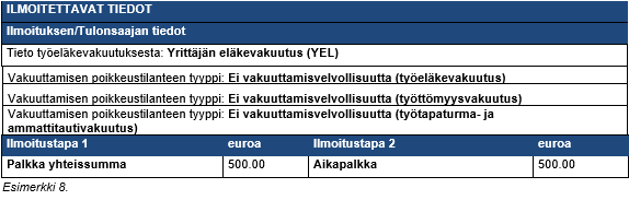 Esimerkki yel-vakuutetun yritt&auml;j&auml;n palkan ilmoittamisesta.