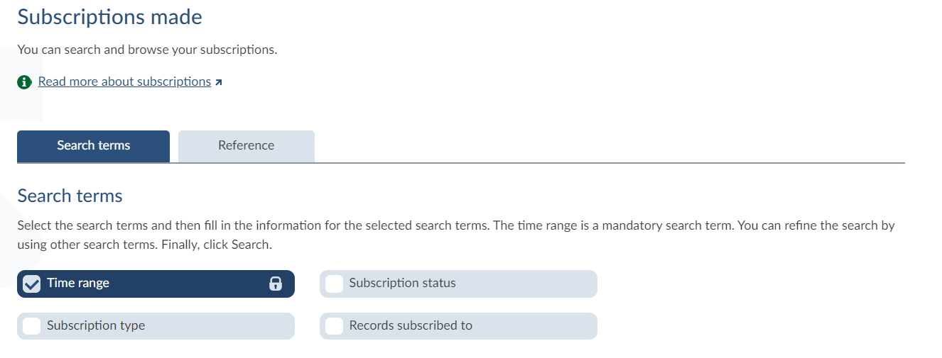 Search view for subscriptions made, with search terms or search by reference as options.